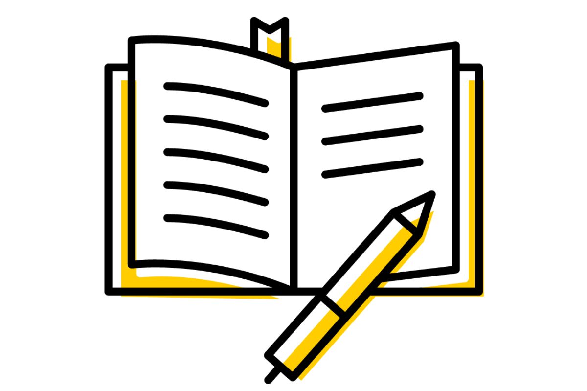 graphic of an open book and pen